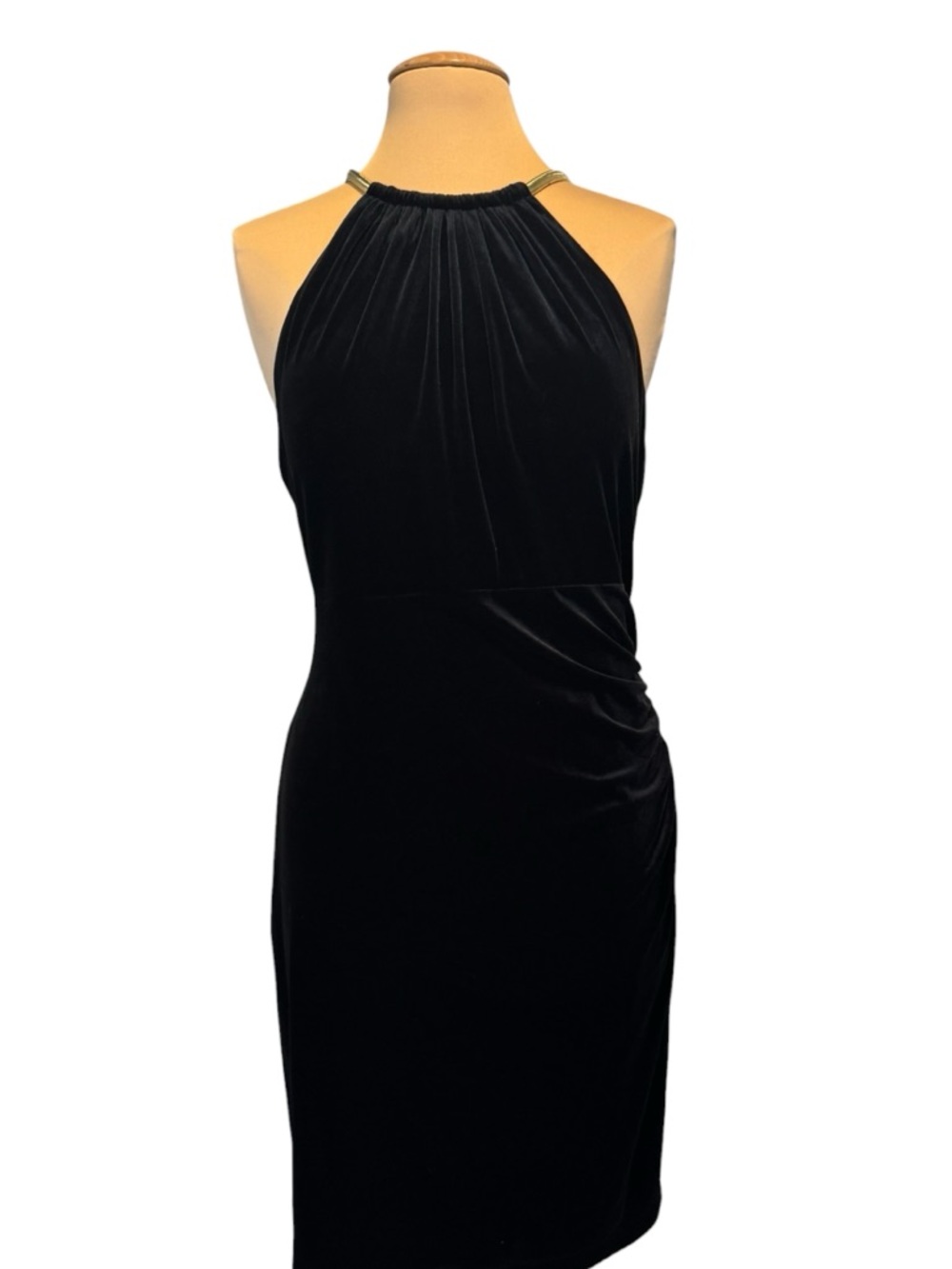 Eliza J black velvet halter chain, formal evening midi dress size 14